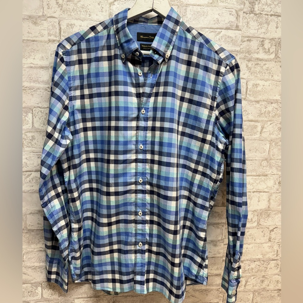 Massimo Dutti checkered button down shirt men’s large blue white cotton